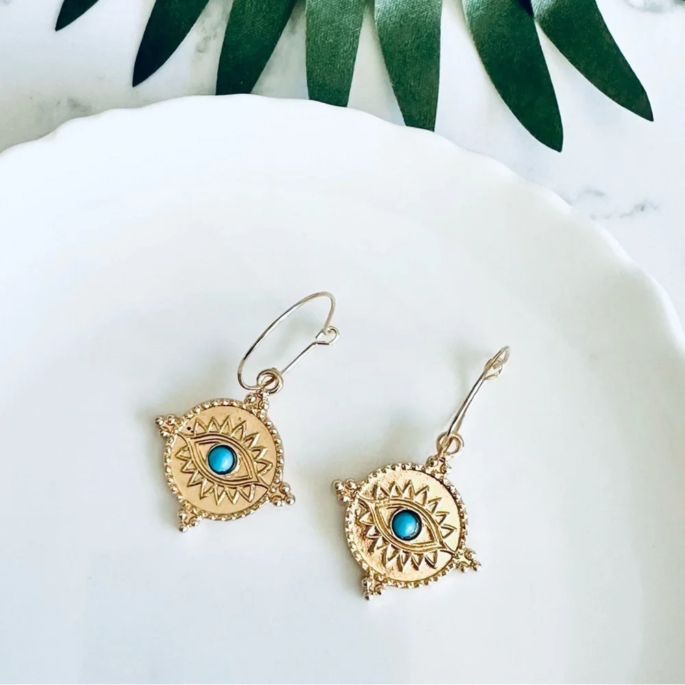 2/$30🌵 Egyptian Revival Eye Of Horus Evil Eye Earrings Antiqued Gold Hoop NEW